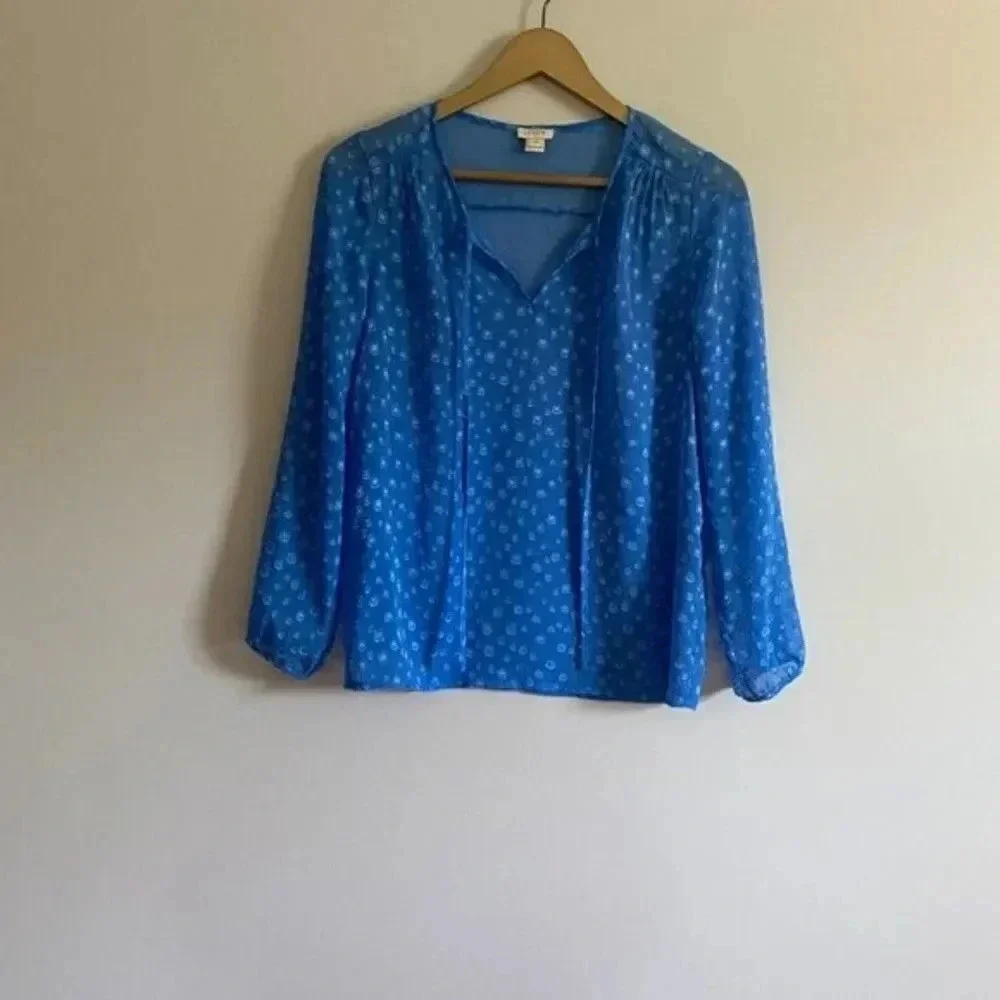 J. Crew Blue Polka Dot Sheer Blouse - Picture 3 of 10